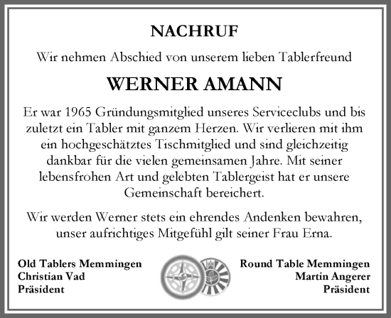 Traueranzeige von Werner Amann von Memminger Zeitung