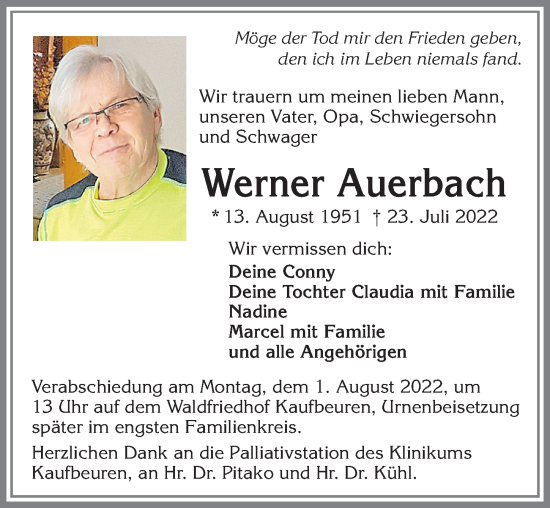 Traueranzeige von Werner Auerbach von Allgäuer Zeitung, Kaufbeuren/Buchloe