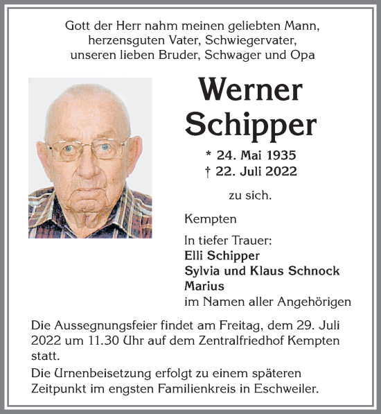 Traueranzeige von Werner Schipper von Allgäuer Zeitung,Kempten