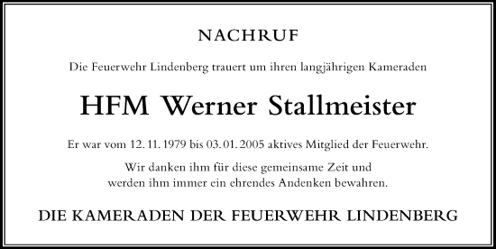 Traueranzeige von Werner Stallmeister von Der Westallgäuer