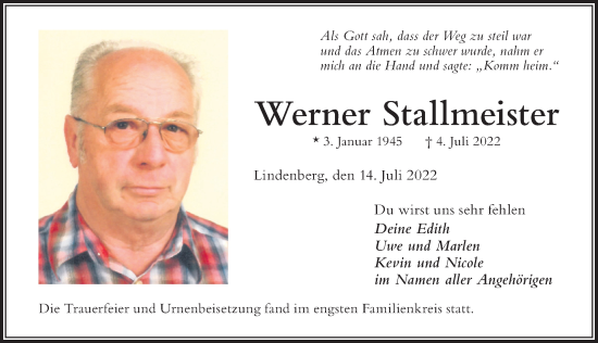 Traueranzeige von Werner Stallmeister von Der Westallgäuer