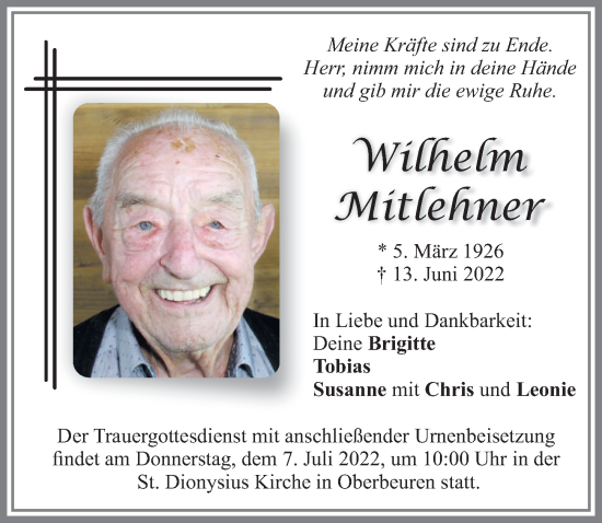 Traueranzeige von Wilhelm Mitlehner von Allgäuer Zeitung, Kaufbeuren/Buchloe