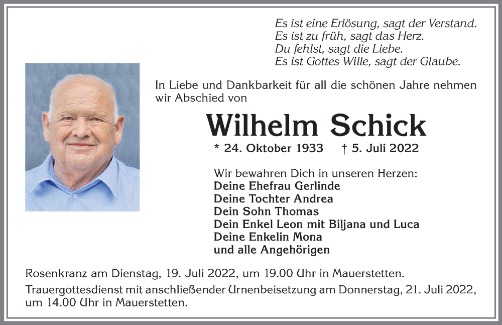  Traueranzeige für Wilhelm Schick vom 16.07.2022 aus Allgäuer Zeitung, Kaufbeuren/Buchloe