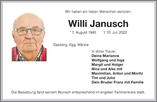 Traueranzeige von Willi Janusch von Memminger Zeitung