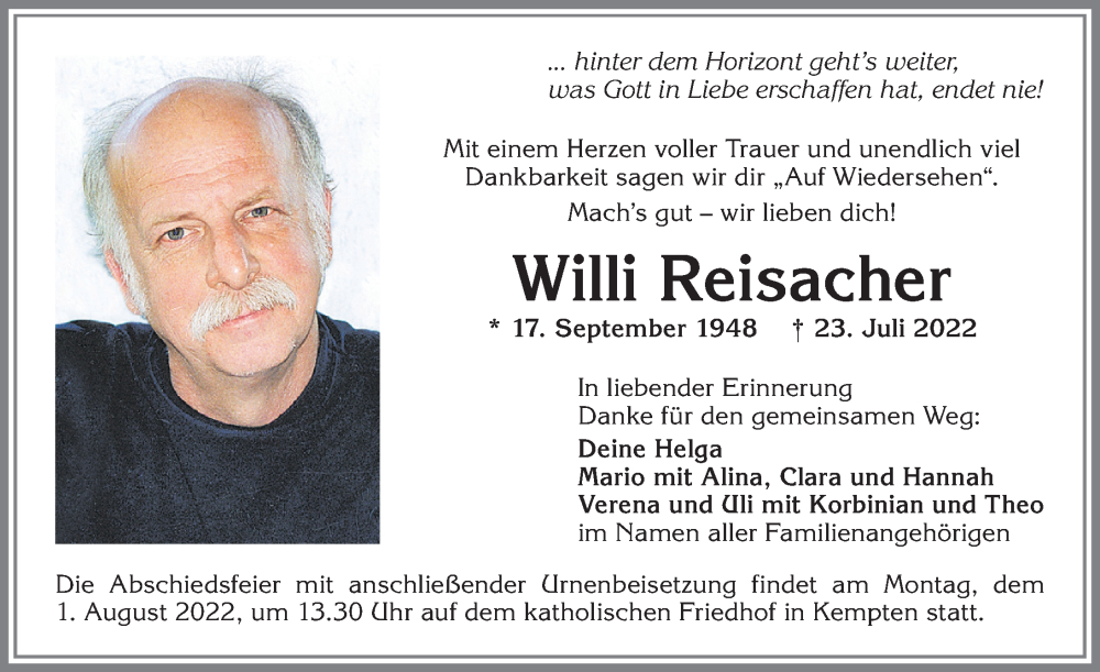  Traueranzeige für Willi Reisacher vom 28.07.2022 aus Allgäuer Zeitung,Kempten