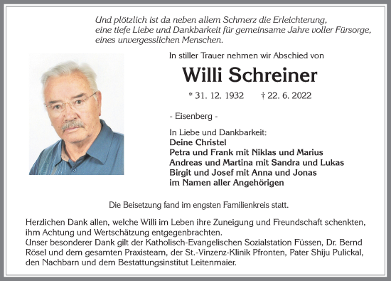 Traueranzeige von Willi Schreiner von Allgäuer Zeitung, Füssen