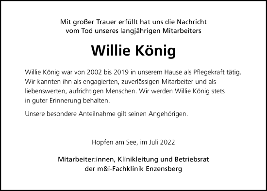 Traueranzeige von Willie König von Allgäuer Zeitung, Füssen