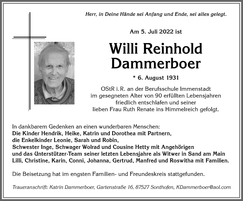  Traueranzeige für Willi Reinhold Dammerboer vom 16.07.2022 aus Allgäuer Anzeigeblatt