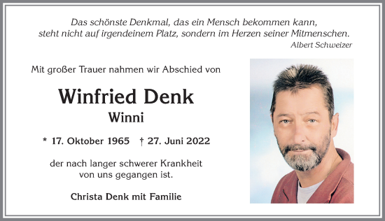 Traueranzeige von Winfried Denk von Allgäuer Zeitung,Kempten