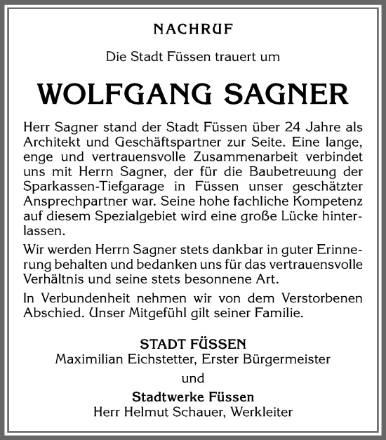 Traueranzeige von Wolfgamg Sagner von Allgäuer Zeitung, Kaufbeuren/Buchloe