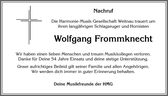 Traueranzeige von Wolfgang Frommknecht von Allgäuer Zeitung,Kempten