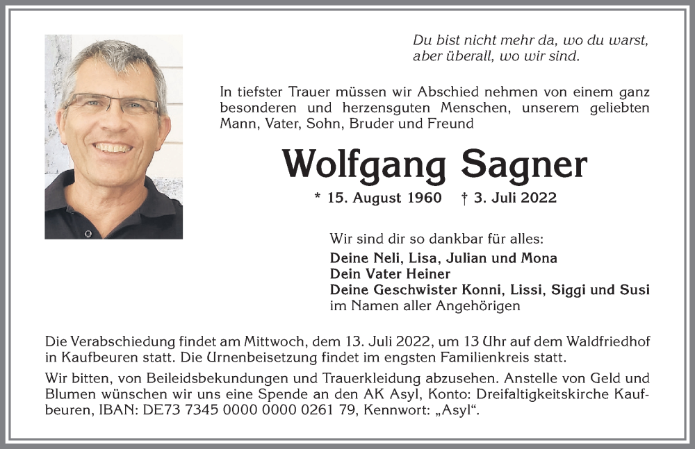  Traueranzeige für Wolfgang Sagner vom 08.07.2022 aus Allgäuer Zeitung, Kaufbeuren/Buchloe