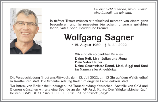Traueranzeige von Wolfgang Sagner von Allgäuer Zeitung, Kaufbeuren/Buchloe