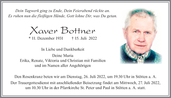 Traueranzeige von Xaver Bottner von Allgäuer Zeitung, Marktoberdorf