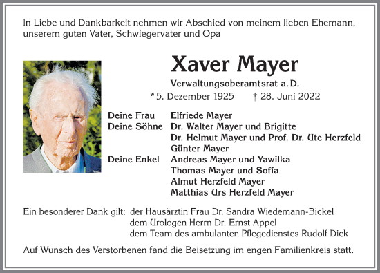 Traueranzeige von Xaver Mayer von Allgäuer Zeitung,Kempten