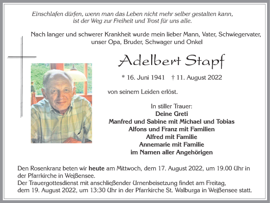 Traueranzeige von Adelbert Stapf von Allgäuer Zeitung, Füssen