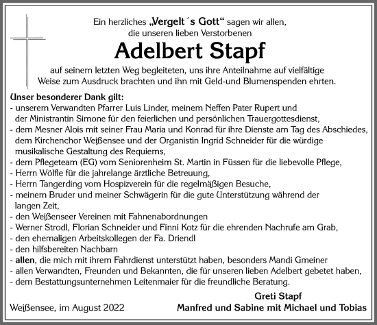 Traueranzeige von Adelbert Stapf von Allgäuer Zeitung, Füssen