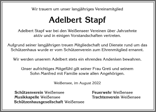Traueranzeige von Adelbert Stapf von Allgäuer Zeitung, Füssen