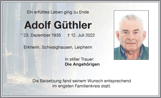 Traueranzeige von Adolf Güthler von Memminger Zeitung