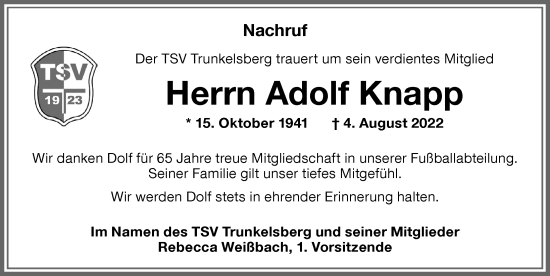 Traueranzeige von Adolf Knapp von Memminger Zeitung