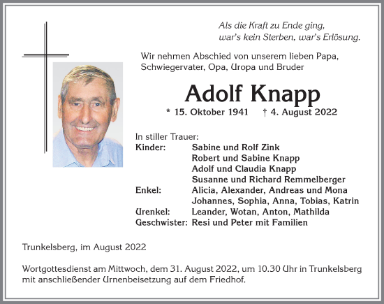 Traueranzeige von Adolf Knapp von Memminger Zeitung