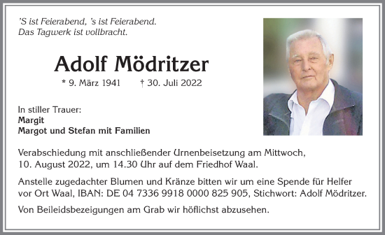 Traueranzeige von Adolf Mödritzer von Allgäuer Zeitung, Kaufbeuren/Buchloe