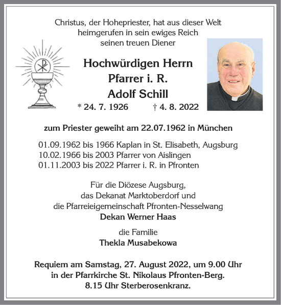 Traueranzeige von Adolf Schill von Allgäuer Zeitung, Füssen