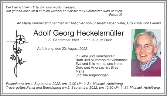 Traueranzeige von Adolf Georg Heckelsmüller von Allgäuer Zeitung, Kaufbeuren/Buchloe