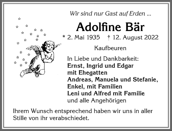 Traueranzeige von Adolfine Bär von Allgäuer Zeitung, Kaufbeuren/Buchloe