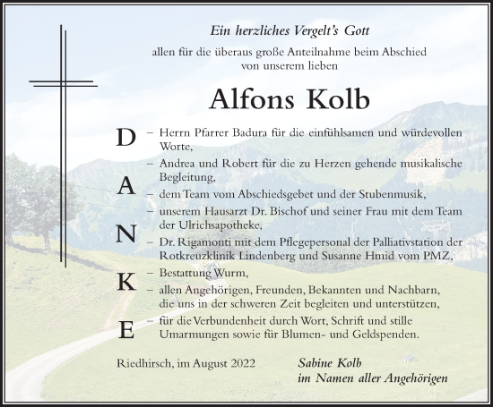 Traueranzeige von Alfons Kolb von Der Westallgäuer