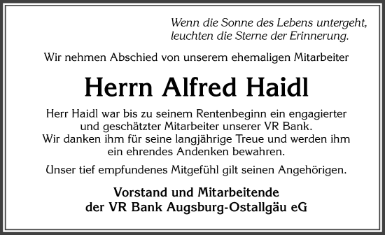 Traueranzeige von Alfred Haidl von Allgäuer Zeitung, Marktoberdorf