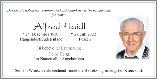 Traueranzeige von Alfred Haidl von Allgäuer Zeitung, Marktoberdorf