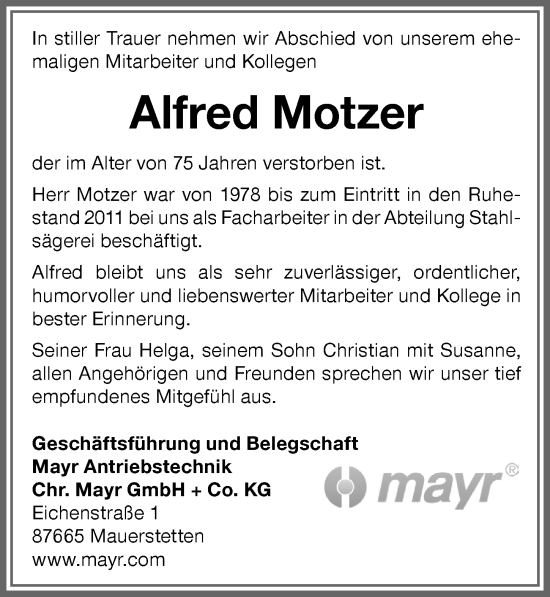Traueranzeige von Alfred Motzer von Allgäuer Zeitung, Kaufbeuren/Buchloe