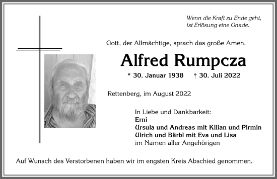 Traueranzeige von Alfred Rumpcza von Allgäuer Anzeigeblatt