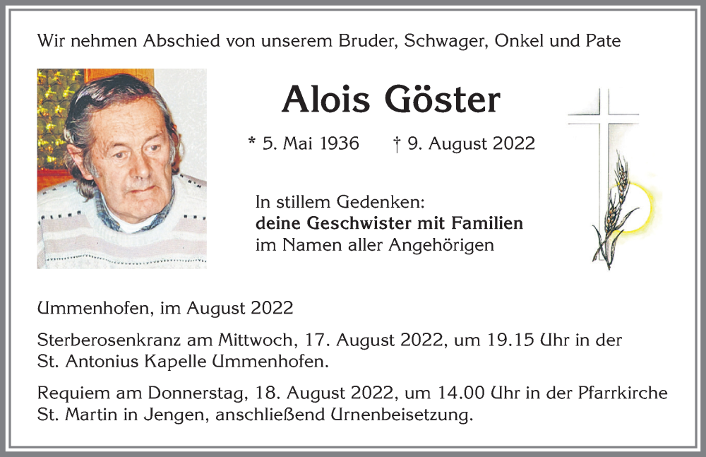  Traueranzeige für Alois Göster vom 13.08.2022 aus Allgäuer Zeitung, Kaufbeuren/Buchloe