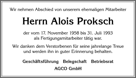 Traueranzeige von Alois Proksch von Allgäuer Zeitung, Marktoberdorf
