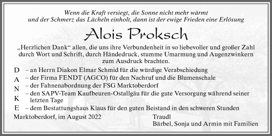 Traueranzeige von Alois Proksch von Allgäuer Zeitung, Marktoberdorf