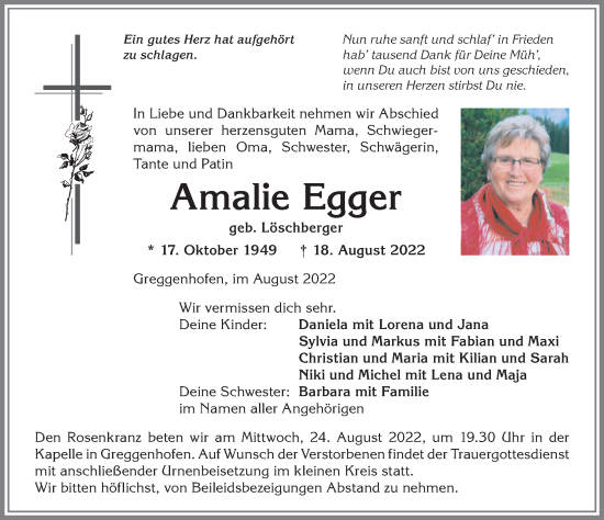 Traueranzeige von Amalie Egger von Allgäuer Anzeigeblatt