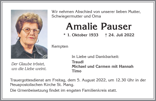 Traueranzeige von Amalie Pauser von Allgäuer Zeitung,Kempten