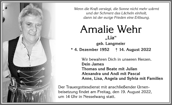 Traueranzeige von Amalie Wehr von Allgäuer Zeitung, Füssen