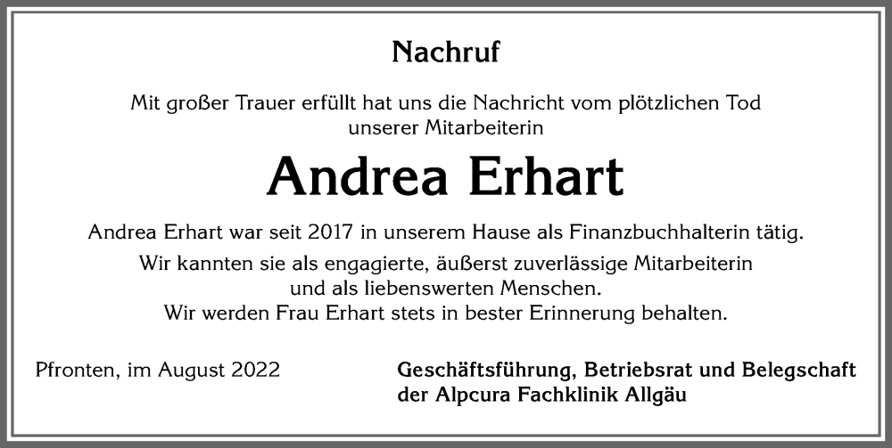  Traueranzeige für Andrea Erhart vom 23.08.2022 aus Allgäuer Zeitung, Füssen