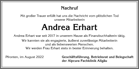 Traueranzeige von Andrea Erhart von Allgäuer Zeitung, Füssen