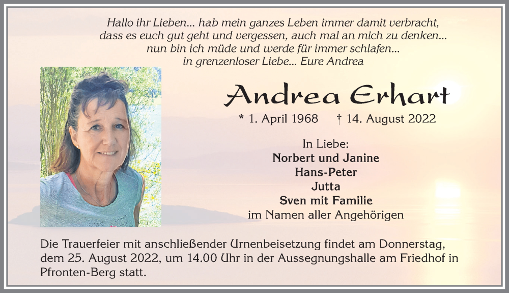  Traueranzeige für Andrea Erhart vom 20.08.2022 aus Allgäuer Zeitung, Füssen