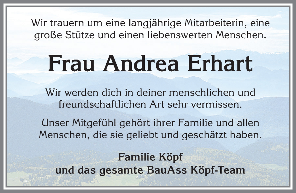  Traueranzeige für Andrea Erhart vom 24.08.2022 aus Allgäuer Zeitung, Füssen