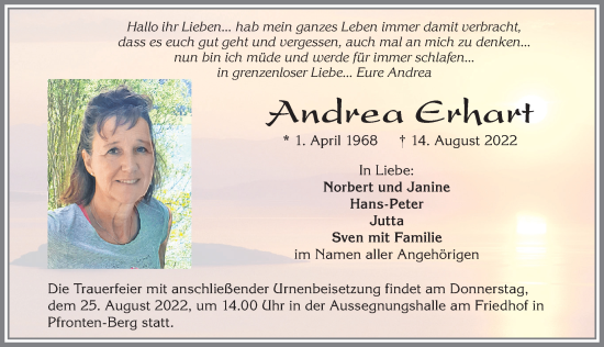 Traueranzeige von Andrea Erhart von Allgäuer Zeitung, Füssen