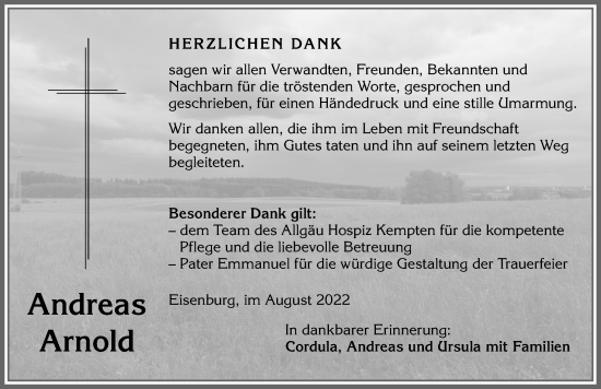 Traueranzeige von Andreas Arnold von Memminger Zeitung