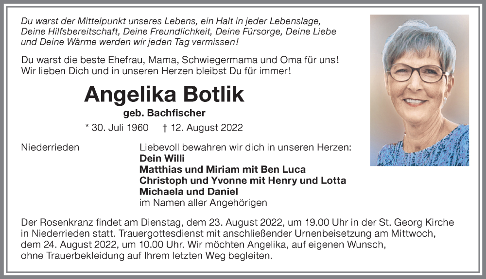  Traueranzeige für Angelika Botlik vom 20.08.2022 aus Memminger Zeitung