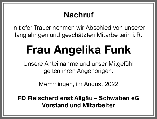 Traueranzeige von Angelika Funk von Memminger Zeitung