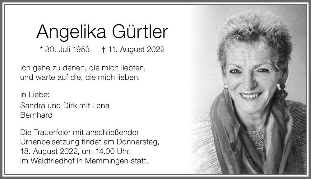  Traueranzeige für Angelika Gürtler vom 16.08.2022 aus Memminger Zeitung