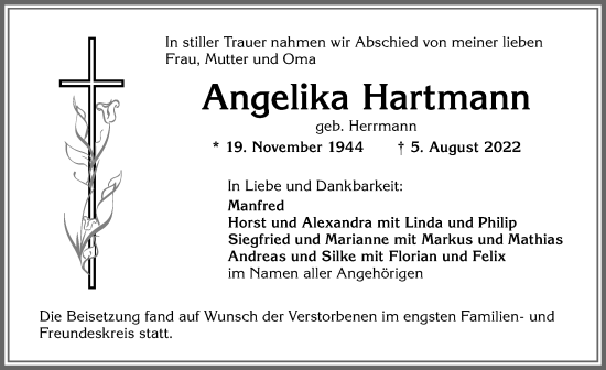 Traueranzeige von Angelika Hartmann von Allgäuer Zeitung, Kaufbeuren/Buchloe